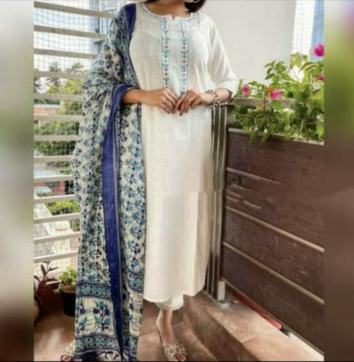 White Khadi Cotton Straight kurta With Gulnar Pant And Katha Work Khadi Silk  Dupatta